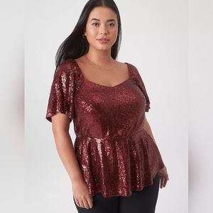 Short Flutter Sleeves, Sweetheart Neckline Peplum Sparkle Top from Lane Bryant